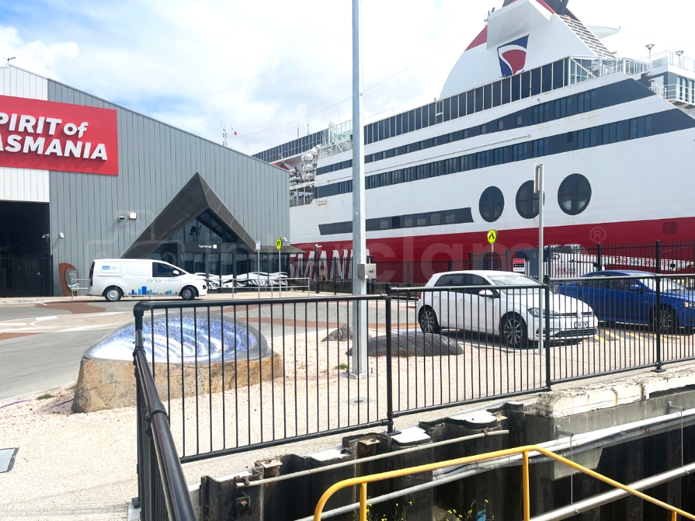 Close-up of galvanized Interclamp pedestrian barriers at the Port of Geelong, showcasing the modular design and key clamp fittings that ensure reliable and secure pedestrian access.